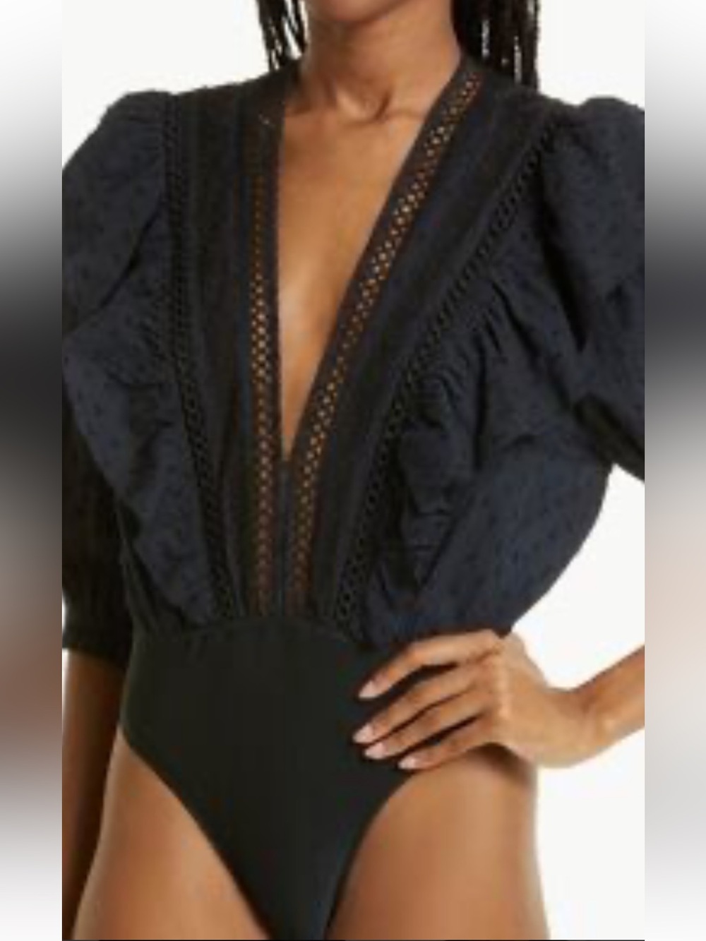 FARM Rio Black V-Neck Ruffle Lace Blouse Body Suit - Picture 2 of 5